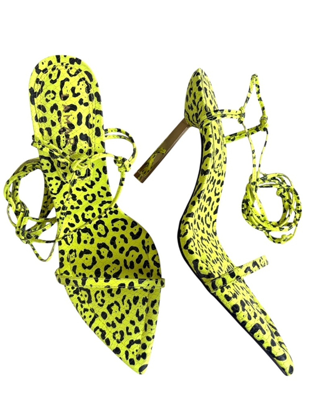NWOT Lamara London Ankle Lace-Up Gold Heeled Sandals Neon Yellow Black Size 8
